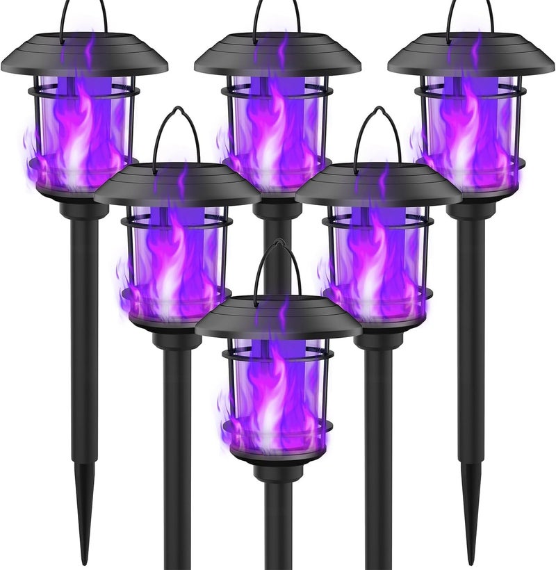 Dynaming 6 Pack Solar Flame Torch Lights Outdoor, Dual Use Flickering Purple Flame Garden Light, Hanging Lantern, Auto On/Off & Waterproof Halloween Lighting for Lawn Patio Yard Walkway Driveway - Image 1